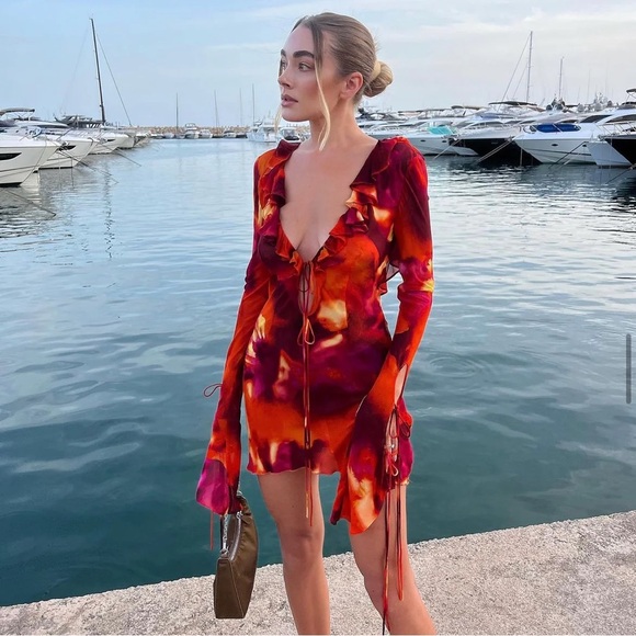 Rat & Boa Dresses & Skirts - Rat & Boa Dali Red Watercolor Ruffle Tie Front Sheer Low Back Mini Dress XS